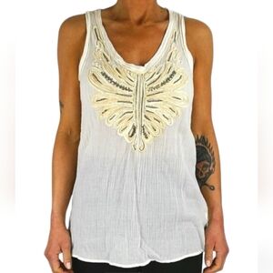 Zara Cotton Beaded Embroidered Tank Size Medium Creme Semi Sheer